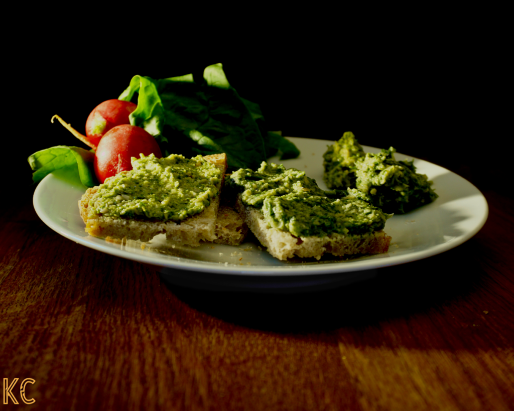 Radish Leaves Pesto and Fresh Spinach Hummus on bread